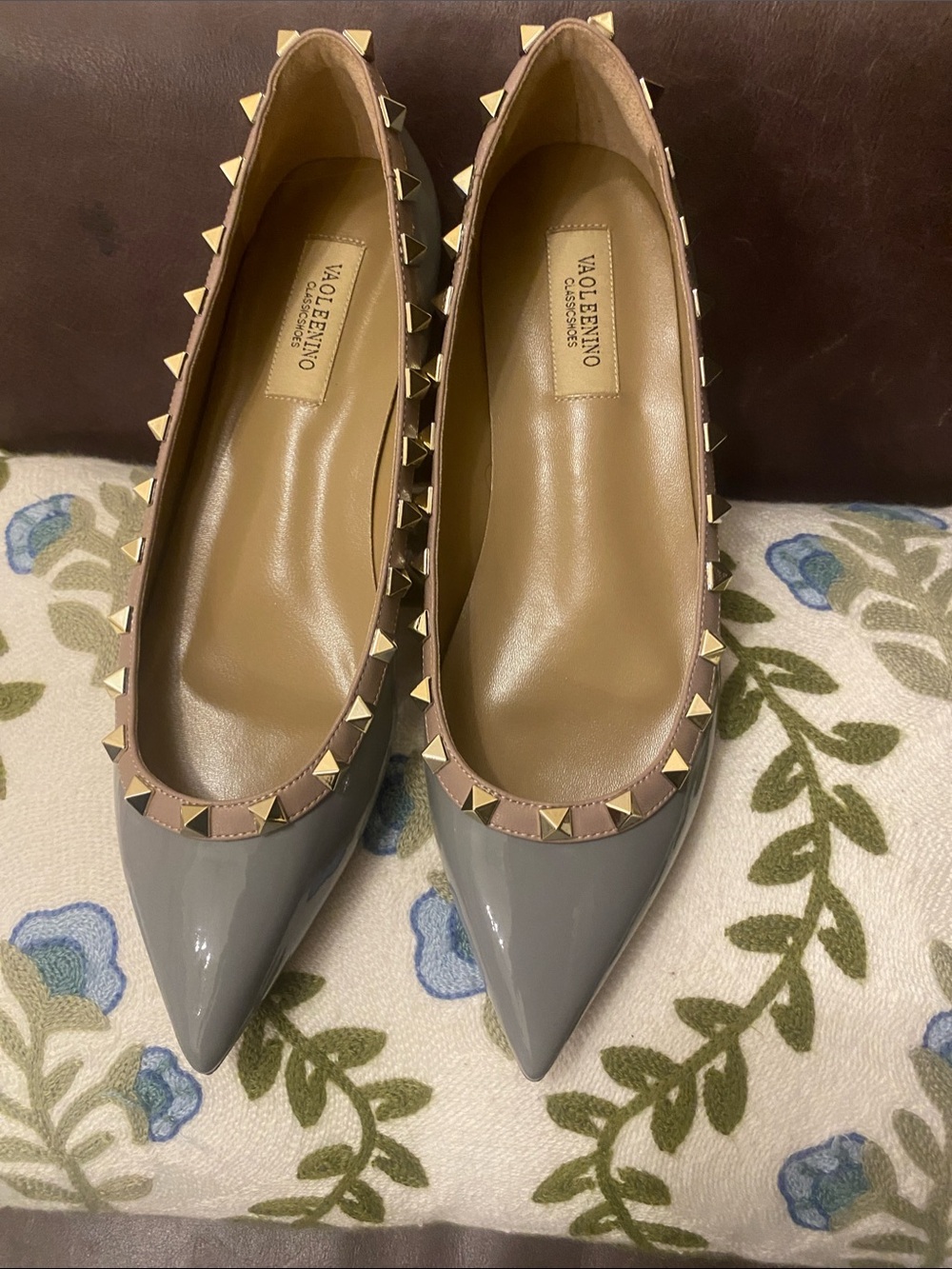Gray Rockstud Pointed Flats with Beige Trim